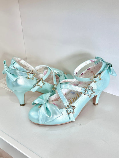 Straps - Sweet 6.5cm Bow Lolita Crisscross with Star Buckle Style Heel Shoes Green Accents