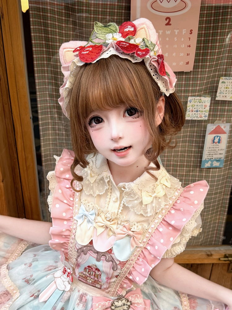 Pink Lolita Cat Ears Hairband Strawberry Embroidery Patches - Jelly Girl