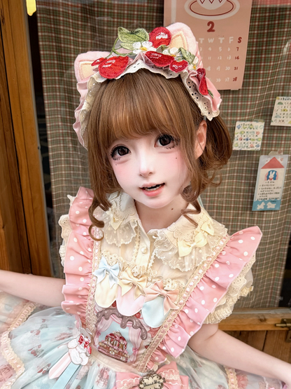 Pink Lolita Cat Ears Hairband Strawberry Embroidery Patches - Jelly Girl