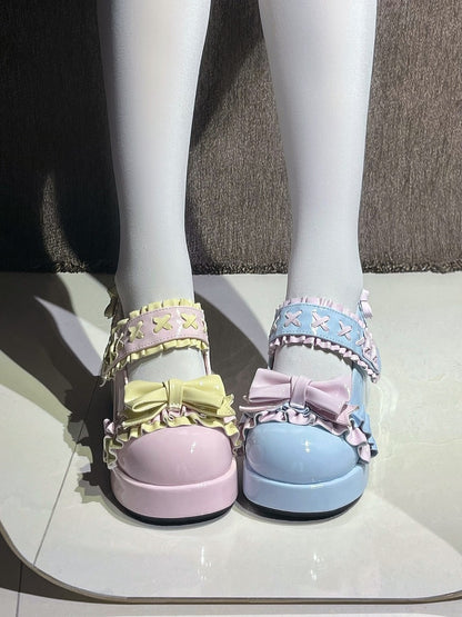 Kawaii Blue-Pink Lolita Round Toe Shoes with Cross & Ruffle