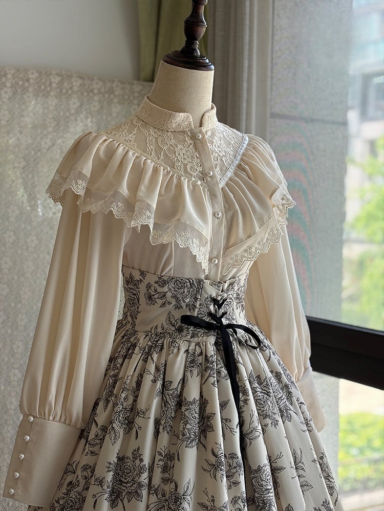 Beige Edward Neck Lolita Blouse with Bead-Accented Cuffs