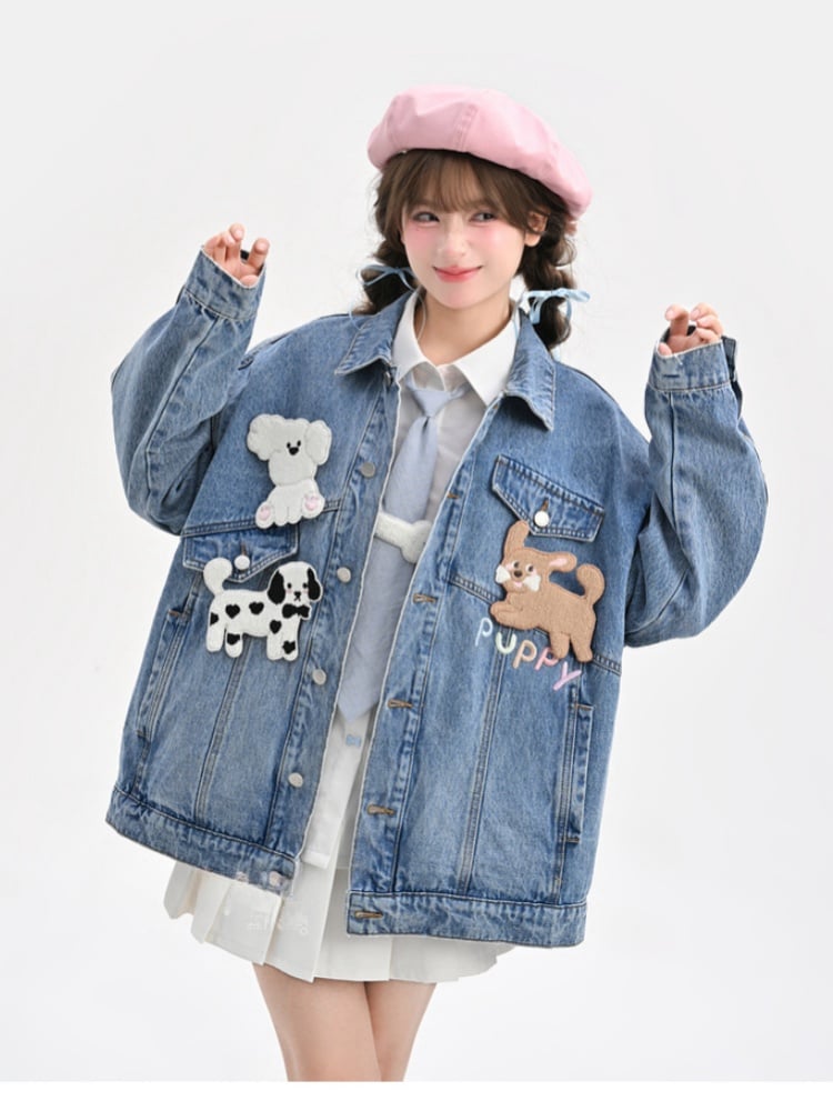 Wash Distressed Denim Jacket with Detachable Puppy Brooches Blue Faded