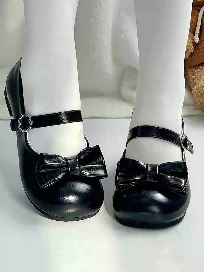 Round Fastener Details with Black Toe Sweet Ring Low-heel Style Bow - Mary Janes