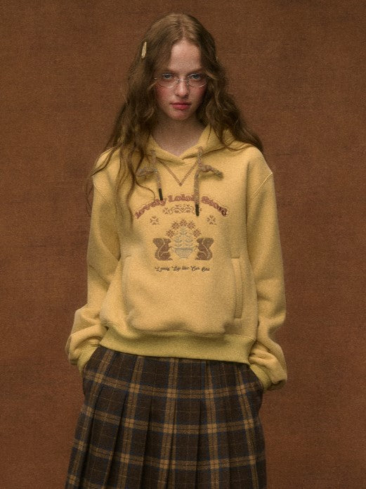 Style Preppy Squirrel Embroidery with Drawstring Hood Yellow Hoodie