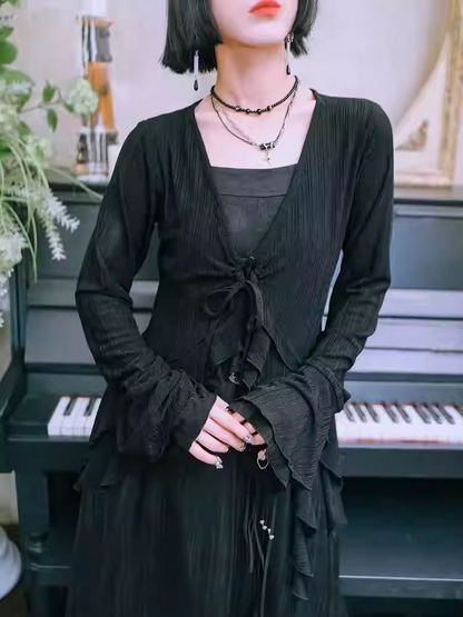 Ärmel Saum Stil Asymmetrische Schwarz Layered Cardigan Gestrickte Cheongsam Glocke