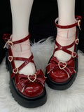 Sweet Jane PU Mary Wine Fastening Bow Red Snap Lolita Embellishments with Shoes Heart