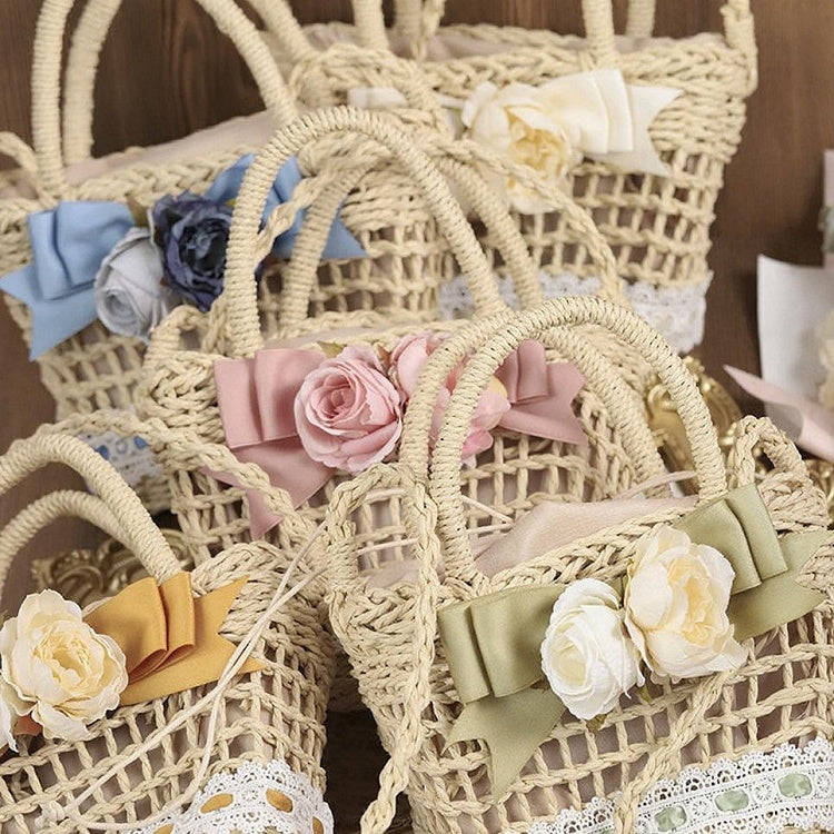 4 options de sacs à main fleuris en paille, nœud, Lolita, champêtre