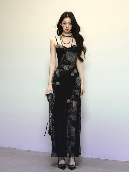 Black Floral Embellished Lace Patches Slim-fitting Cami Dress