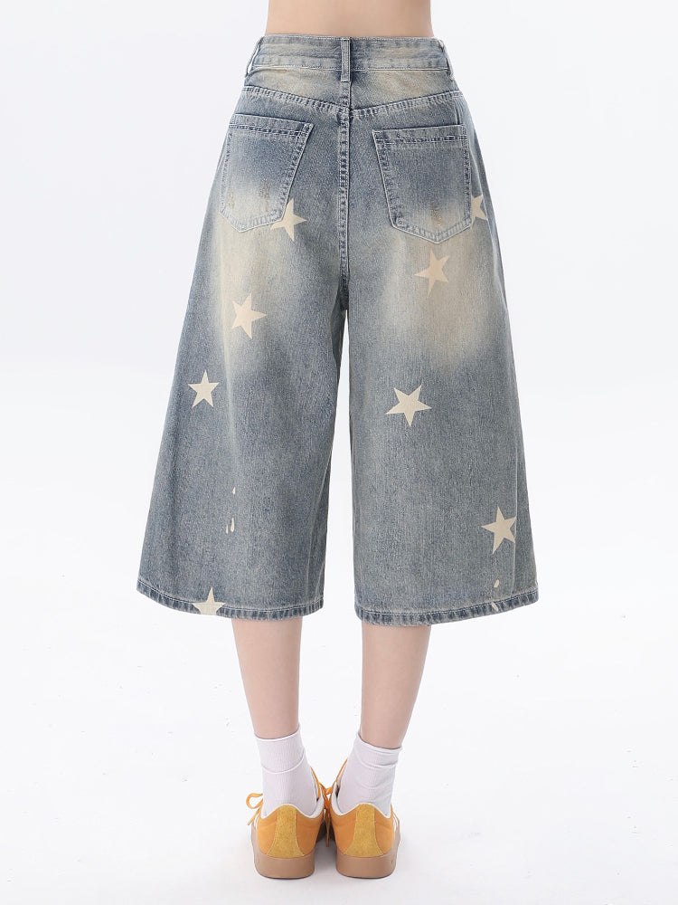 Starry Blue Faded Wash Denim Capris Pants with Distressed Holes