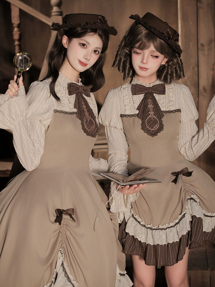 Brown Striped Lolita Jabot with Bow & Embroidery Details - With PUJI