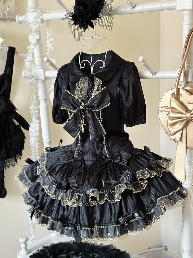 und Schleife Lolita Schwarze Akzente Gestreiftes Idol Stoff Goldkleid