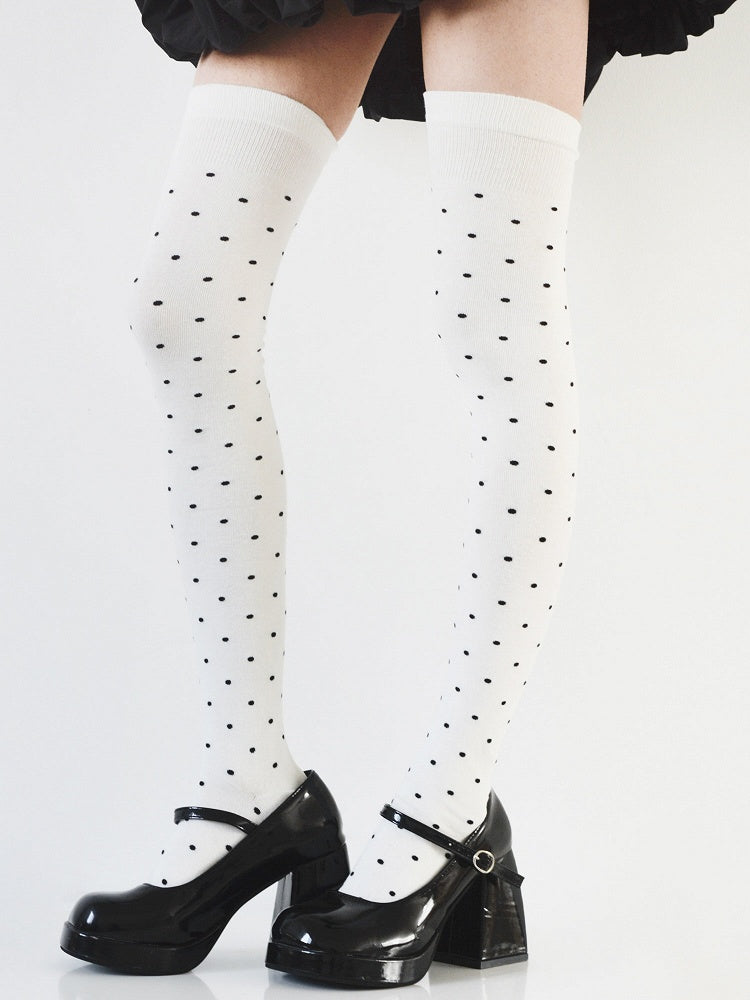 Retro Stockings Over knee Sliming Pattern Black/White/Gray Polka-dot