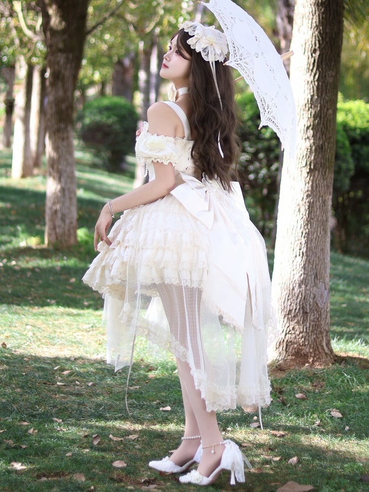 Hanayome Fairy Lolita Flower Basque Skirt Jumper Tiered Waist Hem Beige Dress