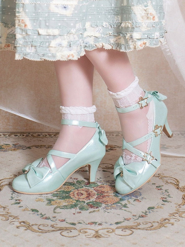Straps - Sweet 6.5cm Bow Lolita Crisscross with Star Buckle Style Heel Shoes Green Accents