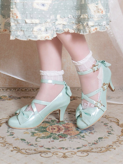 Straps - Sweet 6.5cm Bow Lolita Crisscross with Star Buckle Style Heel Shoes Green Accents