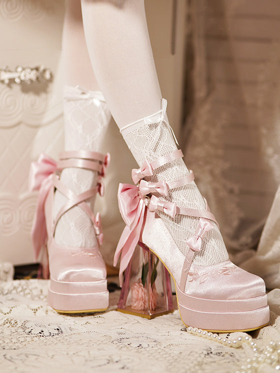 ピンクのカメリ​​アフラワーハイブロックヒールエレガントなプラットフォームハイヒール