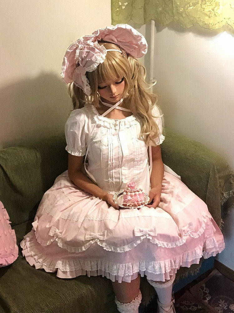 Pink & White Lace-Trimmed Skirt with Bow Accents - Hana Studio