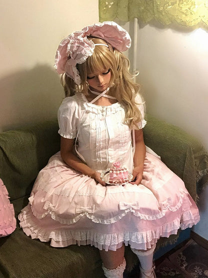 Pink & White Lace-Trimmed Skirt with Bow Accents - Hana Studio