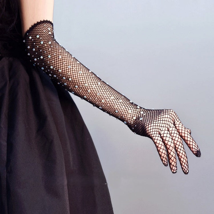 Gloves Fishnet Rhinestone Decorated Long
