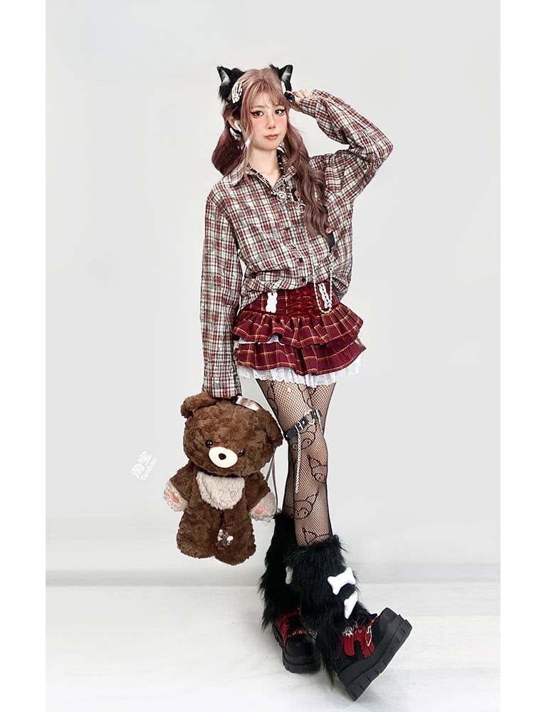 Red Plaid Print Lace Trim Tiered Skirt