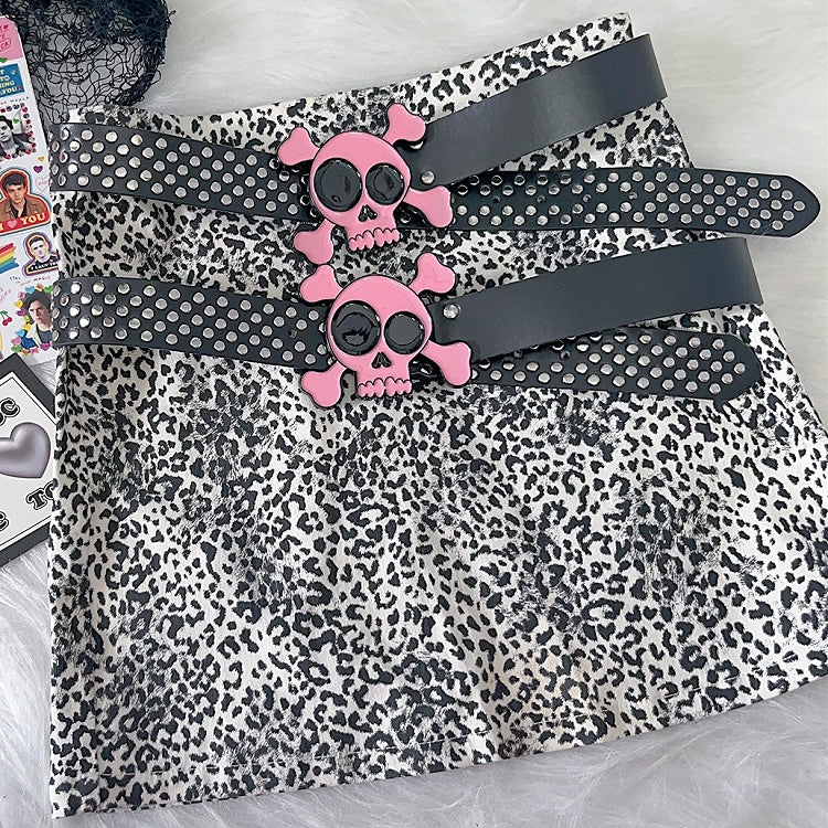 Modischer Gyaru verzierter Skelett-Taillengürtel aus PU in Schwarz und Rosa im Y2K-Stil