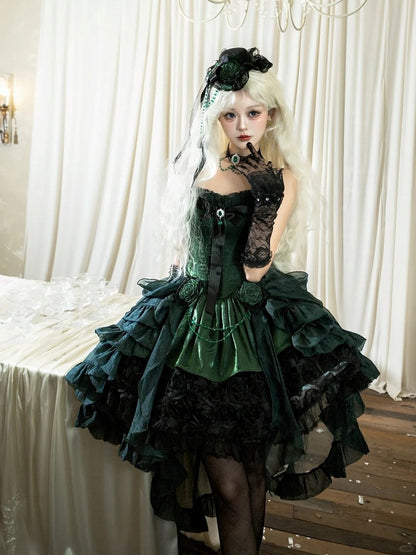 Black Lolita Bouquet Boned with Rose Dress Strapless Hem Green Gothic