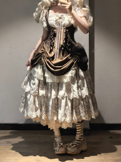 White Classic Scallop Trim Skirt Lolita Print Embroidered Layered Floral Jumper with