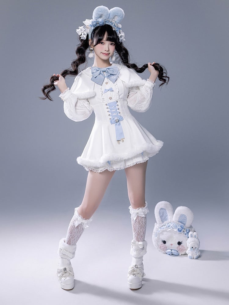 White Landmine Dress Blue Matching Shorts Plush Set Bunny Bow Ear Brooch Style Full Cape Lace +