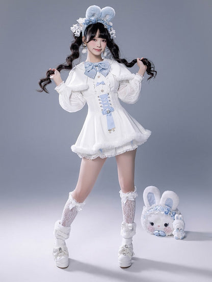White Landmine Dress Blue Matching Shorts Plush Set Bunny Bow Ear Brooch Style Full Cape Lace +