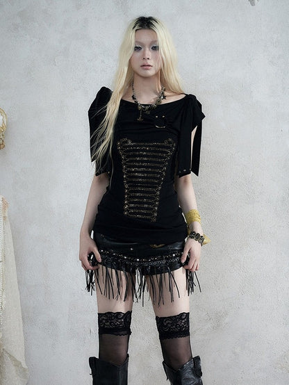 Black Knit Short-Sleeve Top with Rhinestone Design - NO ROMANCE