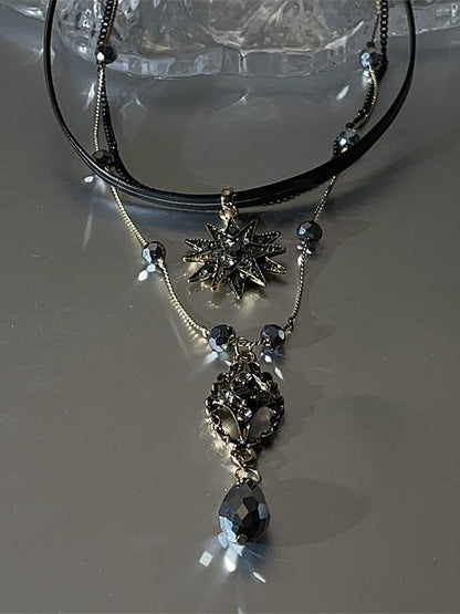 Gothic Rhinestone Multi-Layered Necklace Black