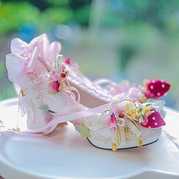 Decorated Heels WhitePink Lace Strawberry Block Lolita Shoes And Beaded 5CM/8.5CM Sweet Trim