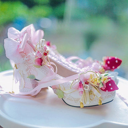 Decorated Heels WhitePink Lace Strawberry Block Lolita Shoes And Beaded 5CM/8.5CM Sweet Trim