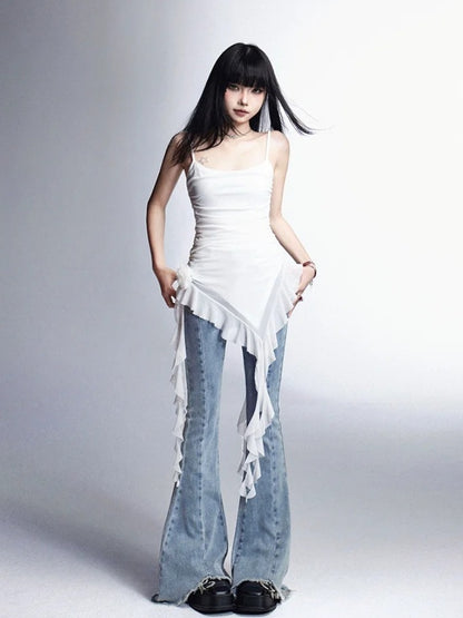 White Asymmetrical Ruffled Cami Dress Mini Hem Glamorous