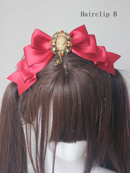 Red Velvet Lace Trim Bonnet With Bowknot Hairclips