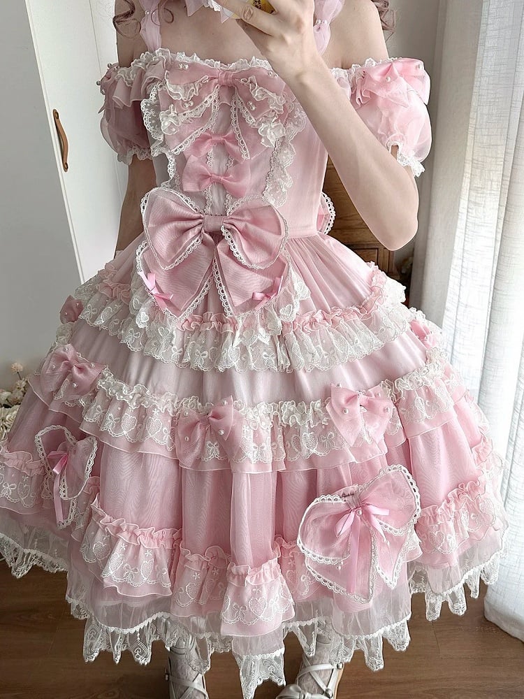 Süßes Lolita-Prinzessinnen-Perlenkleid mit Schleife und auf der Rückseite mit großen rosa Akzenten