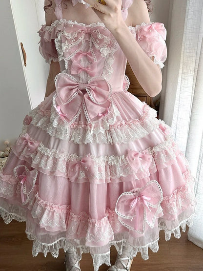 Süßes Lolita-Prinzessinnen-Perlenkleid mit Schleife und auf der Rückseite mit großen rosa Akzenten