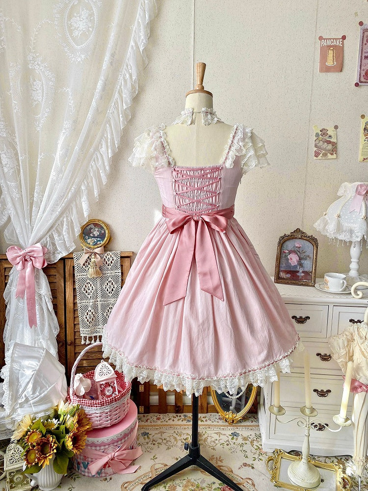 Elegant Bow and Details Version Classic with Lace Dress Short Pink Lolita