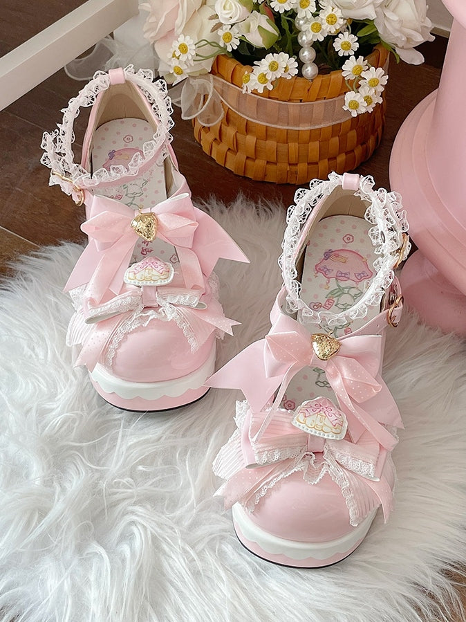 Accents Lolita Decor Pink Decorative Heart Heel Snap in Bow Sweet PU Strawberry Janes Block High Mary