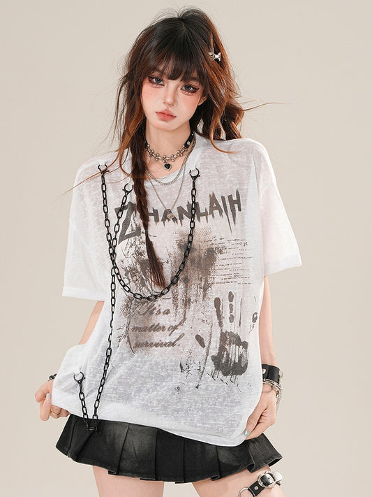 Charm White Glamorous Letter Sun Print T-shirt Protection Chain