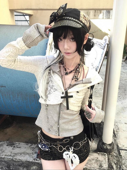 Y2K Hoodie White Two-Piece / Black Faux Knit Zip-Up