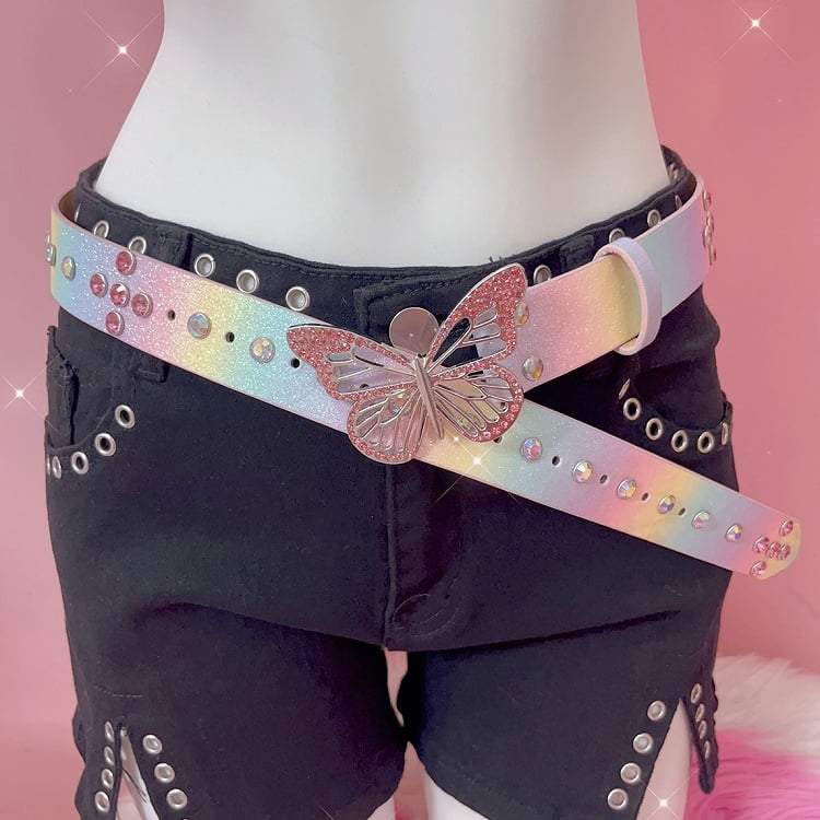 Belt Rhinestone White/Colorful Design Butterfly Decorated Waist