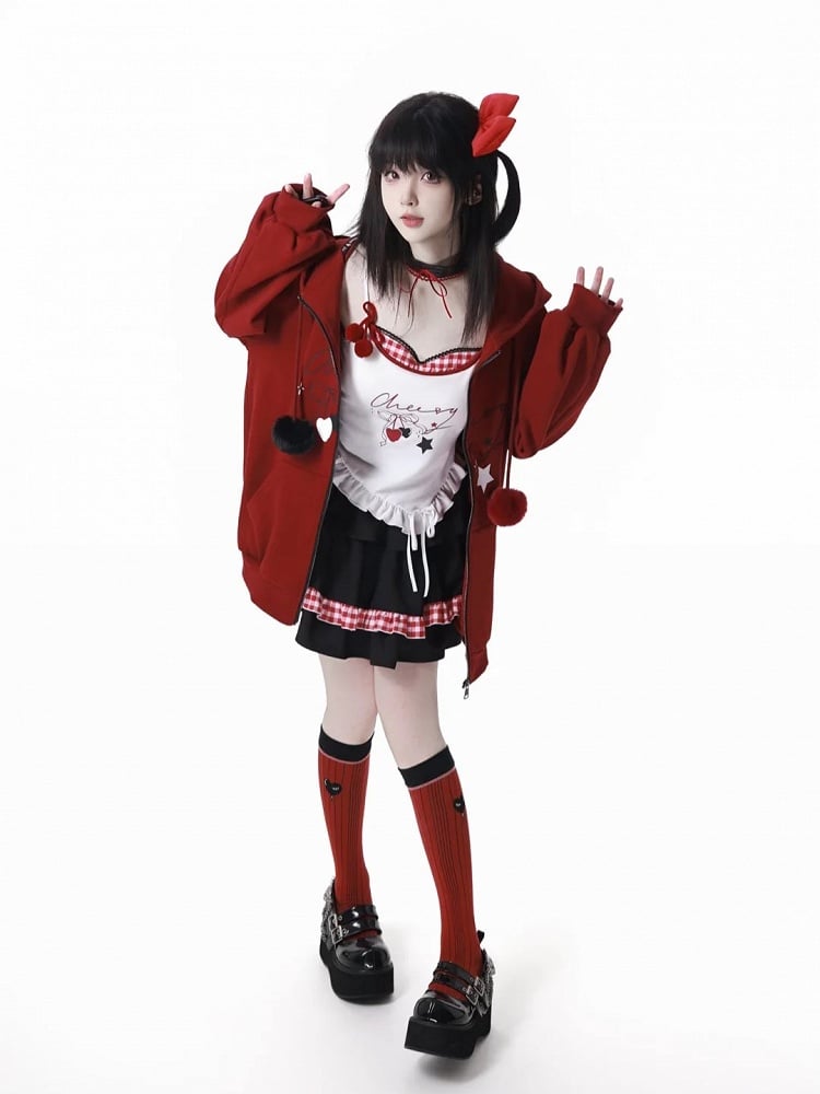 Drawstrings Zip-up with Red Plush Hoodie Pom-Pom