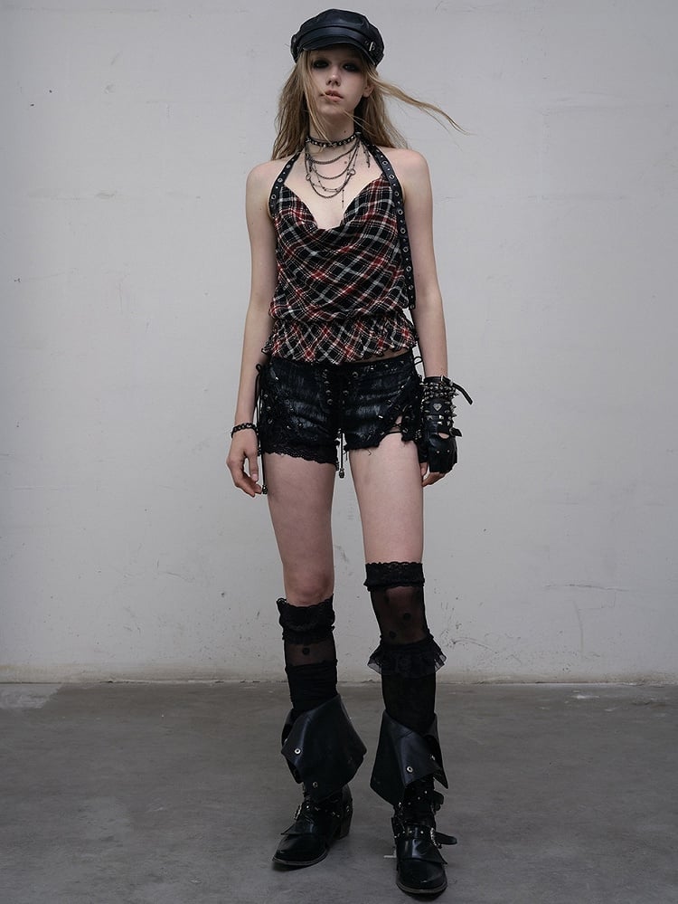 Punk Wasteland Neckholder Top Halsausschnitt Trim Muster SchwarzRot Glamourös Plaid Rüschen Kapuze