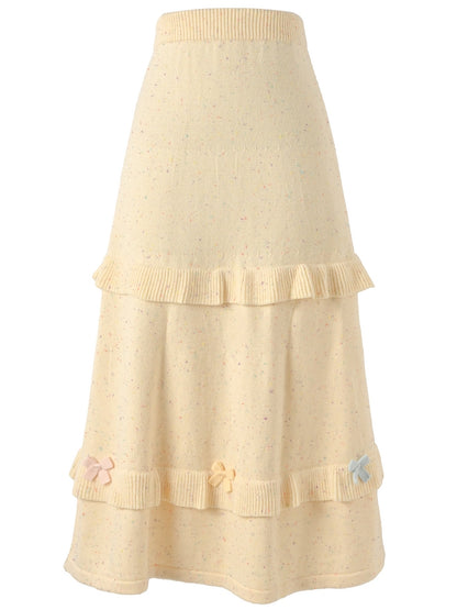 イエローのリボンがアクセントのハイウエストニットミディ丈スカート