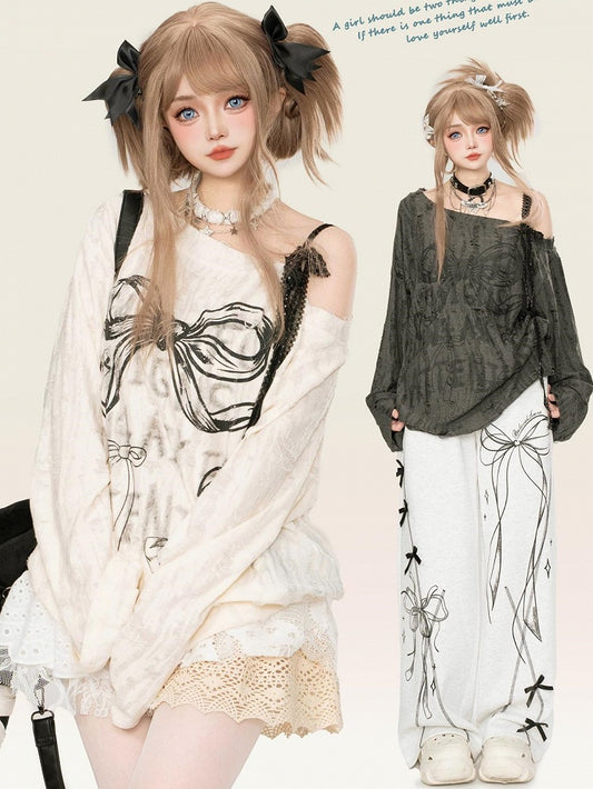 Grau/milchweißes Top mit asymmetrischem Ausschnitt und Schleife