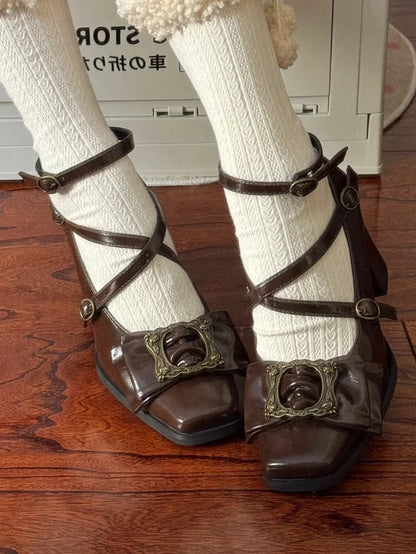 Zehenbild Heels Mitte Crisscross bei Square Frame - Riemen Design Schleife Schnalle Elegantes Top Braun Lolita