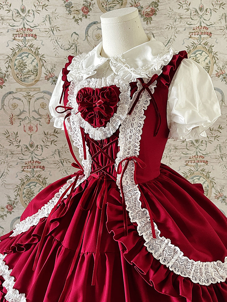 取り外し可能なスクールパッド入りハートジャンパー、古いロリータスカート、赤いドレスボディス