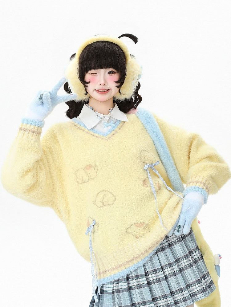 with Pattern Kawaii Dog V-neck Daily Clips Bow-shaped Yellow/Blue Sweater