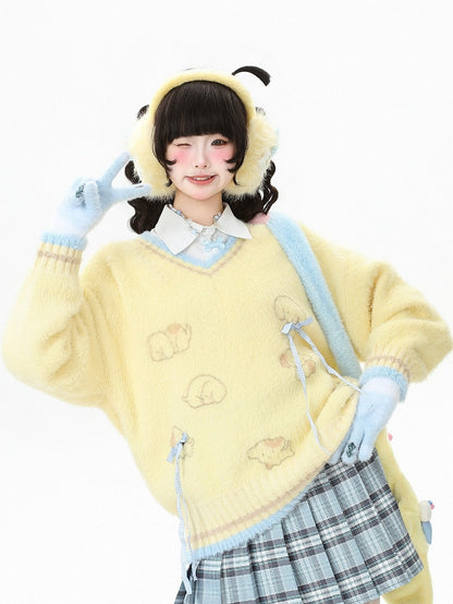 with Pattern Kawaii Dog V-neck Daily Clips Bow-shaped Yellow/Blue Sweater